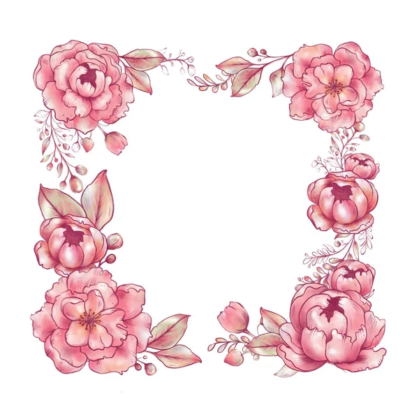 Stilizzazione Fiori Rosa Peonie Sakura Melo Rosa Illustrazione Procreare Biglietto — Foto Stock