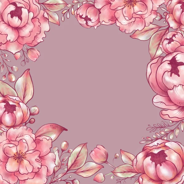 Stilizzazione Fiori Rosa Peonie Sakura Melo Rosa Illustrazione Procreare Biglietti — Foto Stock