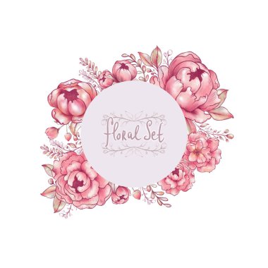 Pembe çiçek stili, şakayıklar, sakura, elma ağacı, gül, illüstrasyon üretimi, kartpostal, fotokopi alanı, izole edilmiş beyaz.