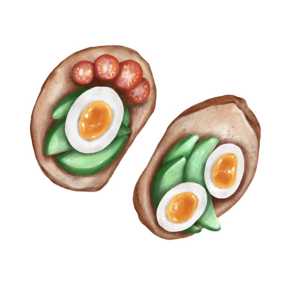 Тосты Авокадо Помидорами Яйцами Растровые Иллюстрации Эскиз Потомства — стоковое фото