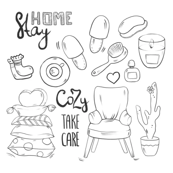 Cute hand draw illustrations, Stay home sketch and lettering, Self-isolation stickers, Procreate sketch, Raster illustration