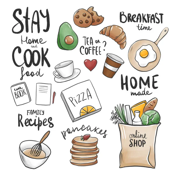 Lettering Stay home and cook, Cute hand draw doodle illustrations, Stay home sketch and lettering, Self-isolation stickers, Procreate sketch, Raster illustration