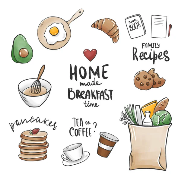 Hem Made Breakfast Söt Hand Rita Doodle Illustrationer Och Bokstäver — Stockfoto