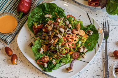 gevrek kruton ve Fransız sosu ile taze sebze salatası