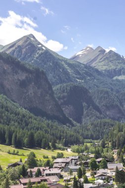 Avusturya Alpleri. Karlı dağ zirveleri. Grossglockner Dağı. Doğanın görkemi. Alp yolu. Dağ manzarası. Tepelerde yeşil çimenler. Kayaların arasındaki ormanlar. Avrupa 'da yürüyüş.