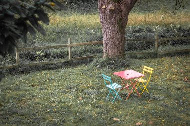 Boş sandalyeler ve ağacın altında bir masa. Doğadaki ahşap mobilyalar. Parktaki renkli banklar. Avrupa banliyösü. Açık hava eğlencesi. Kır manzarası. Fransız köyü. Çayırdaki kafe..