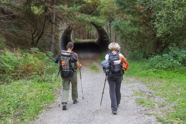 Santiago 'lu Camino. St. James 'e giden hacılar. Tünelin önünde iki bilinmeyen turist var. Tek bir yöne git. Avrupa 'da yürüyüş. Kuzeyli yürüyüşü. Gezgin görünümü arkadan.