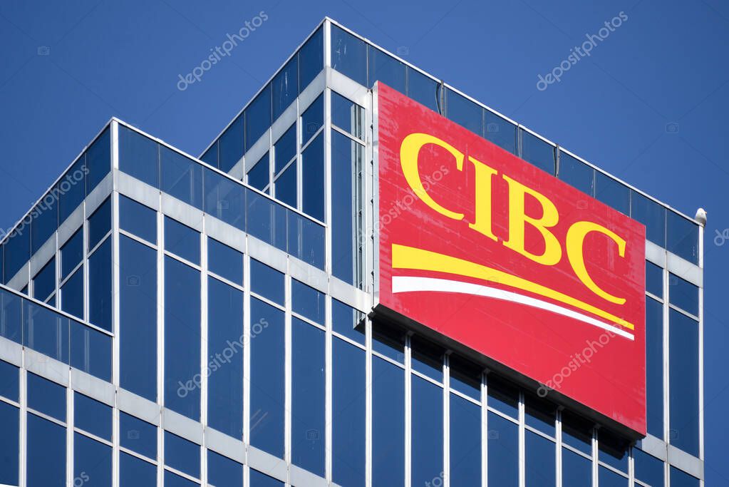 Vancouver, Canada - March 4, 2020:  The CIBC sign on building in downtown Vancouver.  The Canadian Imperial Bank of Commerce is one of Canadas big five banks.