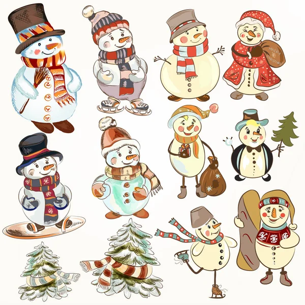 Christmas snowmen set for design — Stock Vector