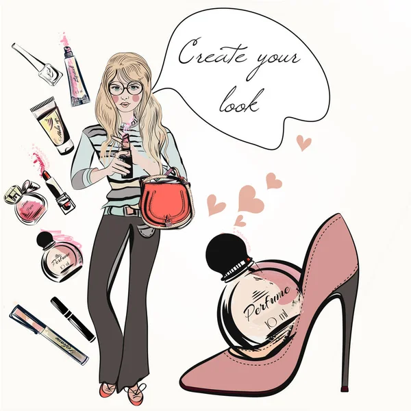 Mode fille à la mode avec rouge à lèvres mignon, parfum, chaussure, mascara — Image vectorielle