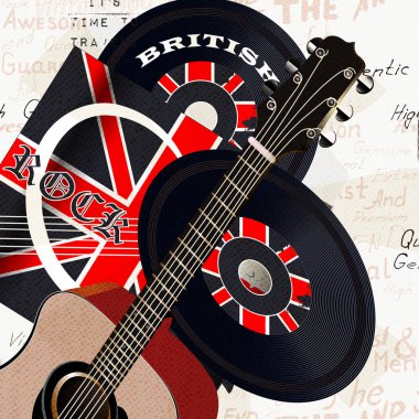 Retro vinil disk, Gb bayrak ve akustik gu Grunge arka plan