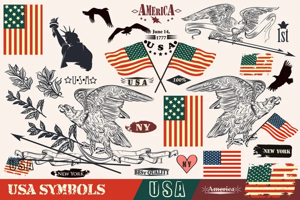 Vintage tarzı çizilmiş ABD sembollerde ver. Kartallar, çelenk ve bayrağı — Stok Vektör