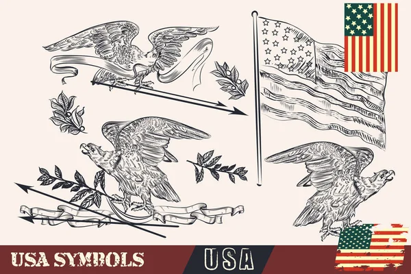 Símbolos dos EUA em estilo vintage. Águias, grinaldas e bandeiras — Vetor de Stock