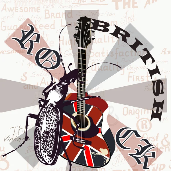 Folheto grunge criativo com bandeira GB e guitarra acústica — Vetor de Stock