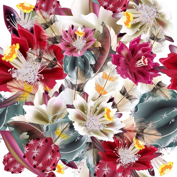 Bakgrund med realistiska kaktus blommor och fjädrar i waterco — Stock vektor