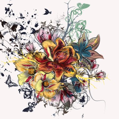 Arka plan ile renkli el çekilmiş çiçek