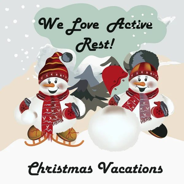 Cartão de saudação com bonitos bonecos de neve. Nós amamos o descanso ativo —  Vetores de Stock