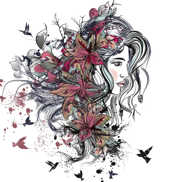 Cute girls face with long hair sketch style Royalty Free Stock Vectors