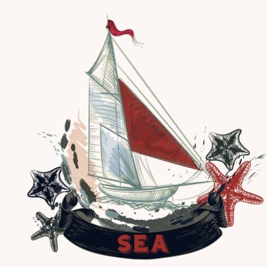 Gemi oyulmuş tarzı ile deniz vektör arka plan