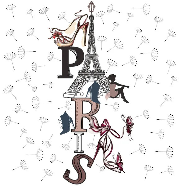 Ilustrace s Eifel tower, boty, děvče a pampelišky pro de — Stockový vektor
