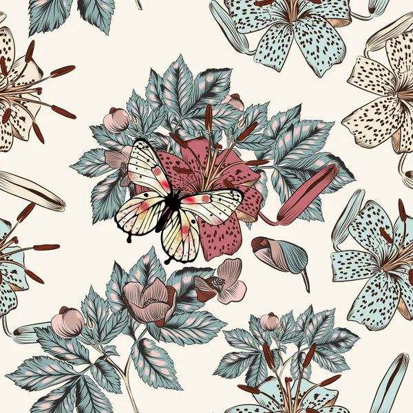 Bakgrund med lily blommor, fjäril. Handritad illustration — Stock vektor