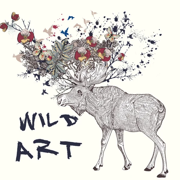 Ilustrace s rukou nakreslené elk, květiny v ní rohy, butterfli — Stockový vektor