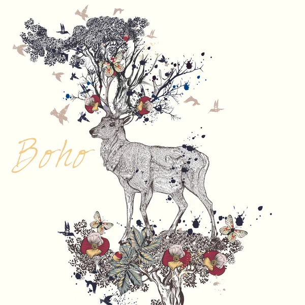 Illustrazione con cervo disegnato a mano, fiori in esso corna, farfalla — Vettoriale Stock