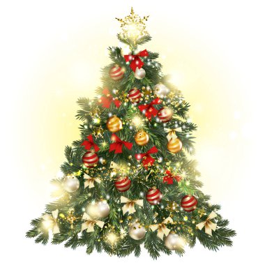 Noel ağacı baubles, yıldız, kar taneleri ve lig ile dekore edilmiştir.