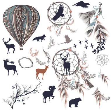 vektör dreamcatchers tüyler, ağaçlar ve hayvanlar