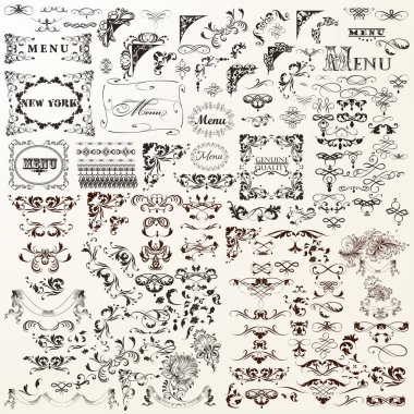 Dekoratif vektör öğeleri kümesi. Geliştiği, kıvrımlar, çerçeveler, bord