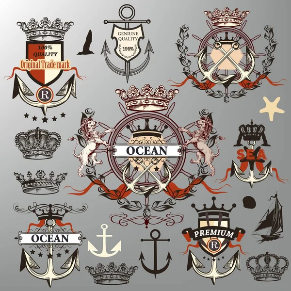 Collection or set of vector nautical labels, crowns, anchors in — Stock Vector