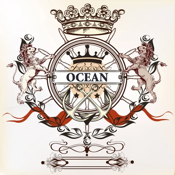 Deniz logo veya etiket çapa, Aslanlar ve taç. İdeal f — Stok Vektör