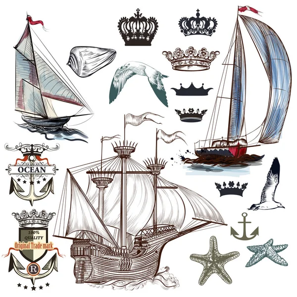 Coleção marinha antiga com navios, coroas, âncoras em vintage — Vetor de Stock