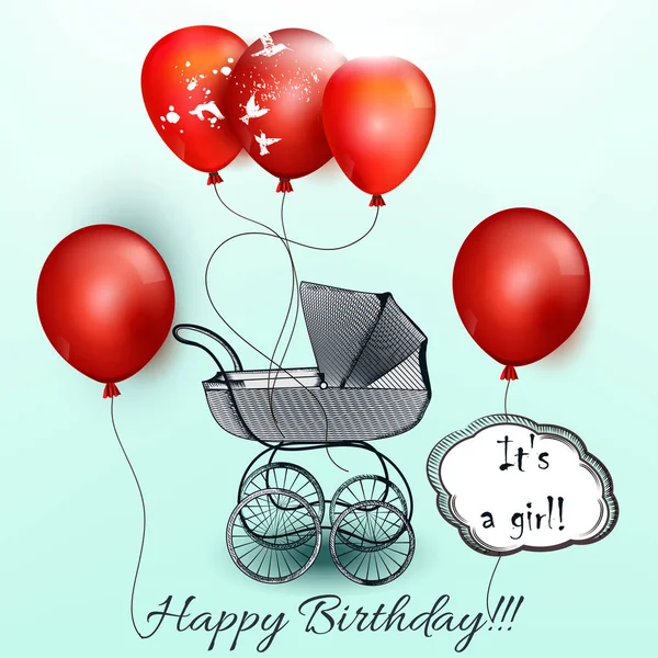 Doğum günü tebrik kartı kırmızı balonlar ve bebek arabası ile — Stok Vektör