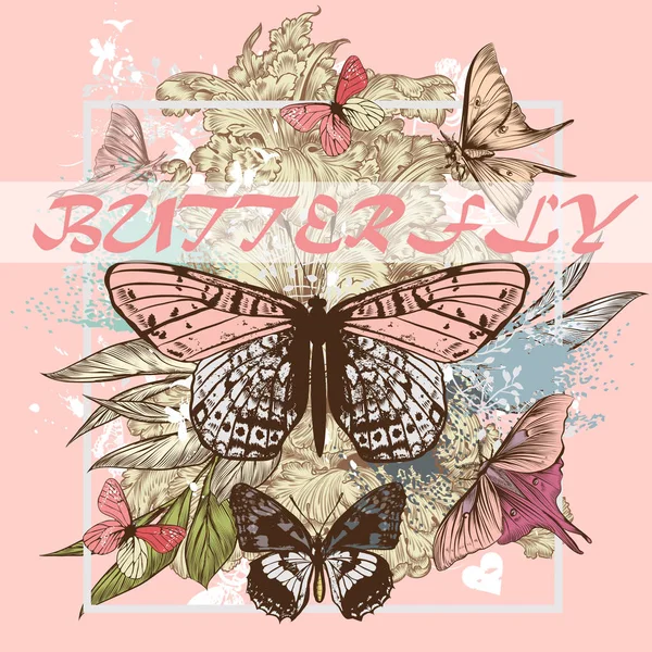 Плакат с цветами и бабочками в розовых тонах идеальный — стоковый вектор