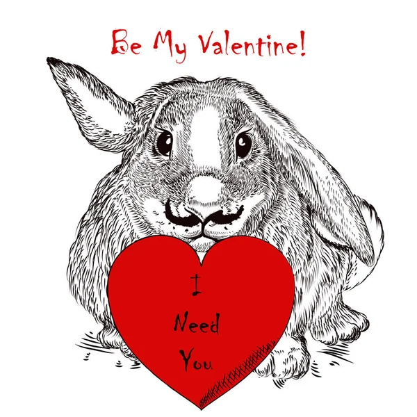 Valentijnsdag kaart met konijn met rood hart. Ik heb je nodig — Stockvector