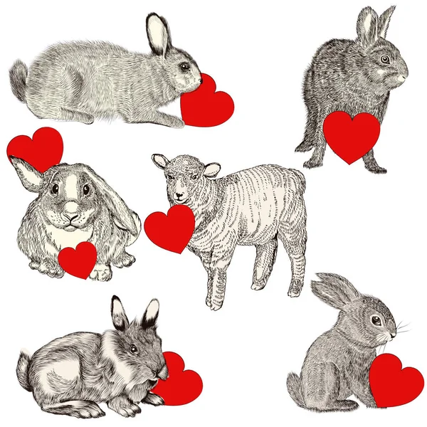 Simpatici animali in possesso di cuori rossi. Buon San Valentino — Vettoriale Stock