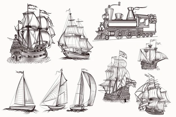 Collection of vector hand drawn high detailed ships and train — Stock Vector