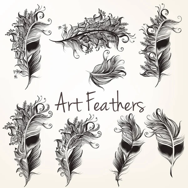 Set of vector art feathers with floral elements — Stock Vector