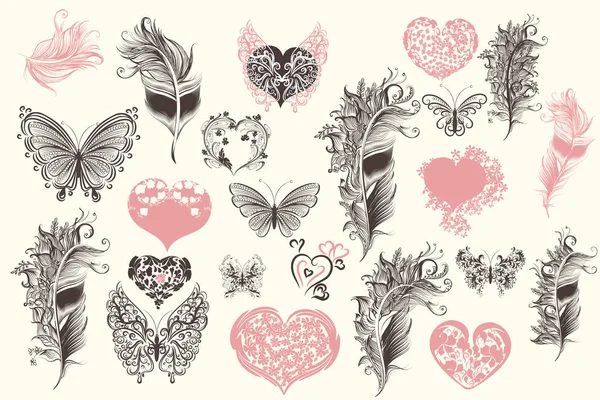 Conjunto de corazones vectoriales, mariposas y plumas — Vector de stock