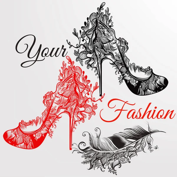 Fond d'art de la mode avec des chaussures de filles dessinées à la main et des plumes dans des tourbillons floraux. Votre style — Image vectorielle