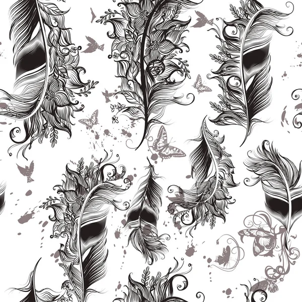 Feather art pattern with hand drawn feathers in floral swirls — Stock Vector