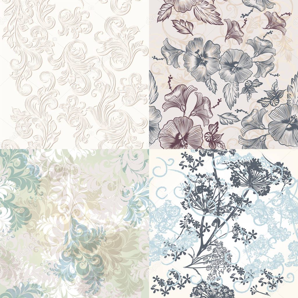 Seamless patterns with floral ornament in soft classic colors