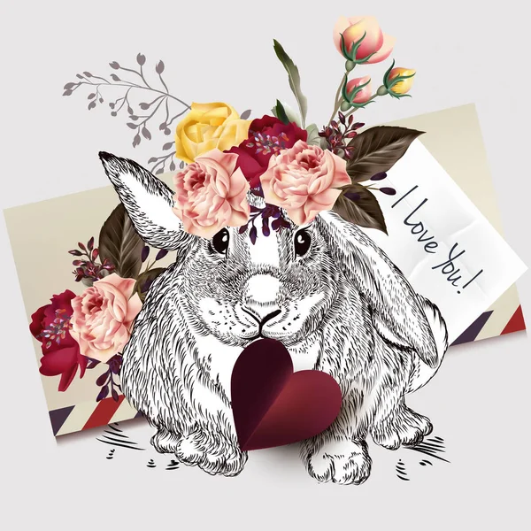 Beautiful  rabbit holding red heart and roses. I love you — Stock Vector