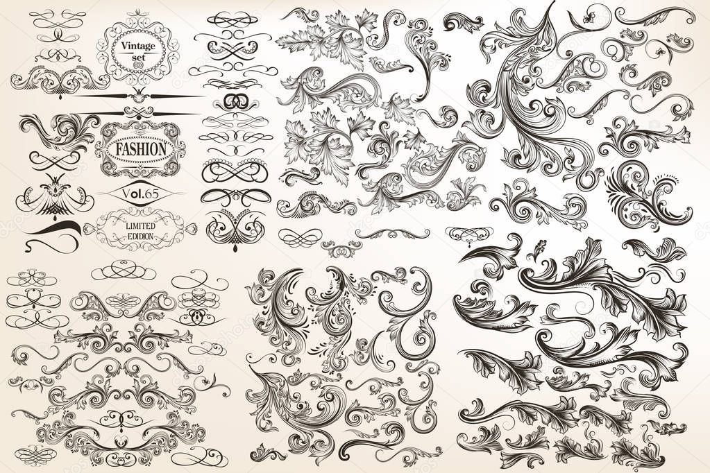 Big collection or set of vector vintage flourishes for design in