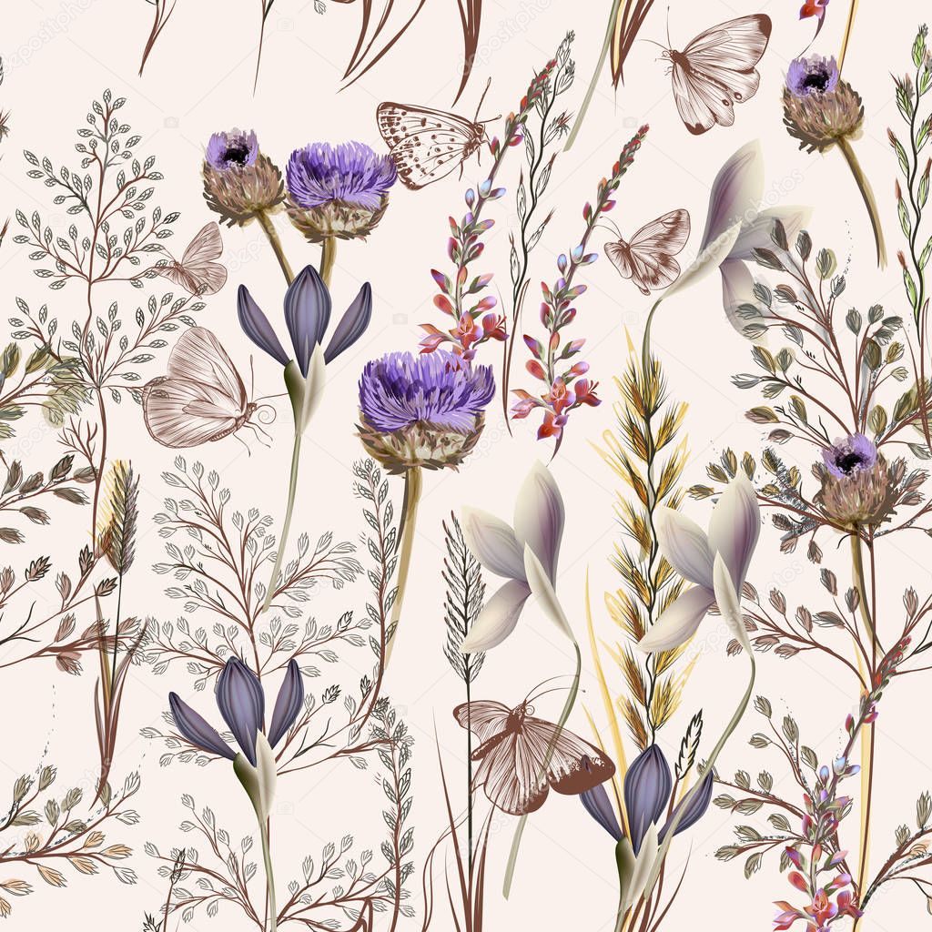 Elegant vector pattern with plants. Vintage provance style