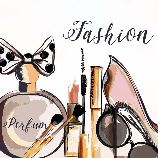 Illustration mit Parfüm, Make-up, Wimperntusche, Lippenstift — Stockvektor