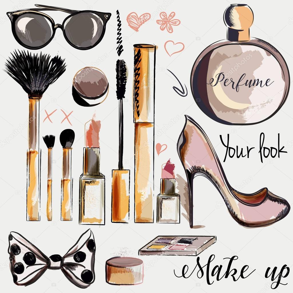 set of vector make up accessories lipstick mascara perfume brush