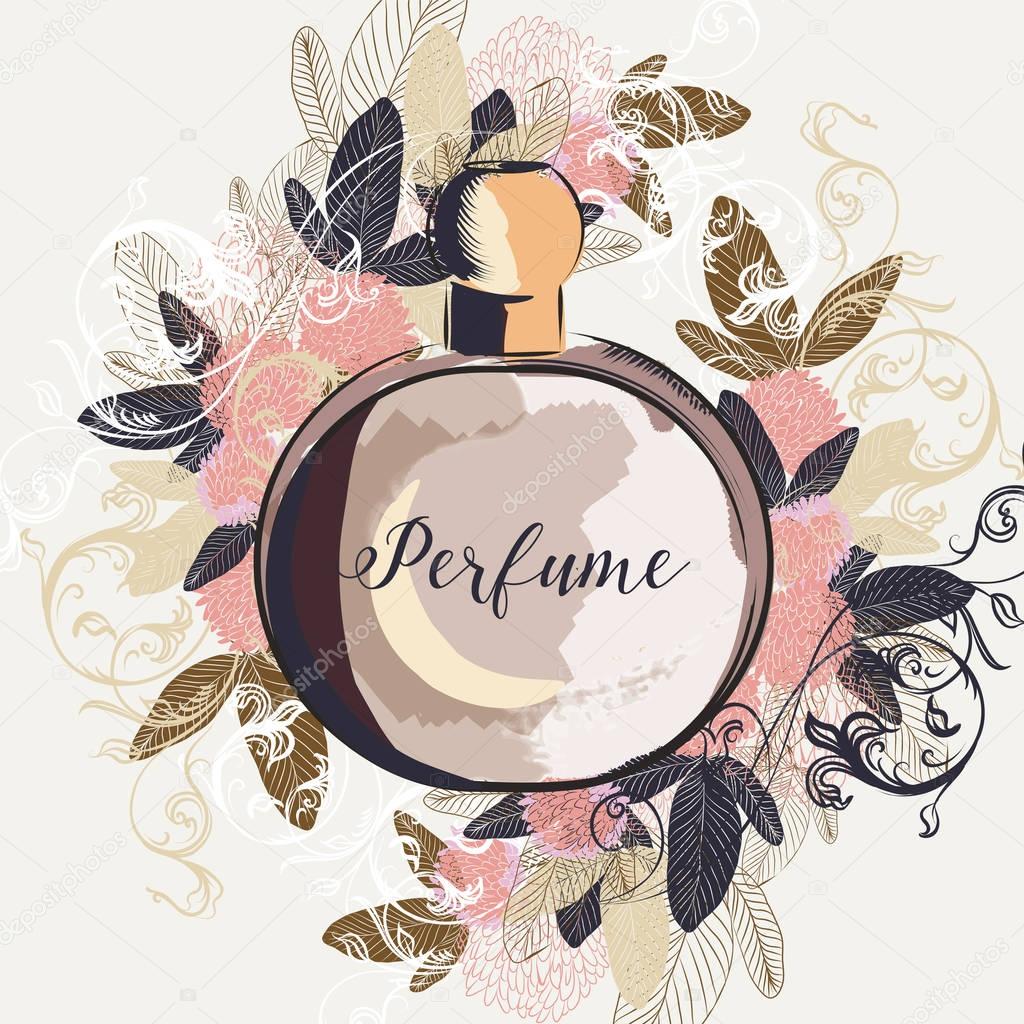 vector background with bottle of perfume and flourishes in water