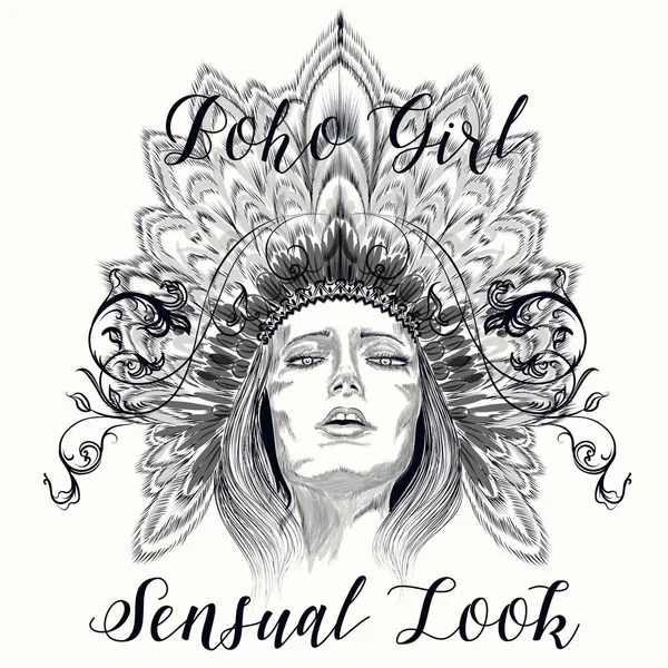 Ilustración boho con chica sensual dibujada a mano en tocado de — Vector de stock